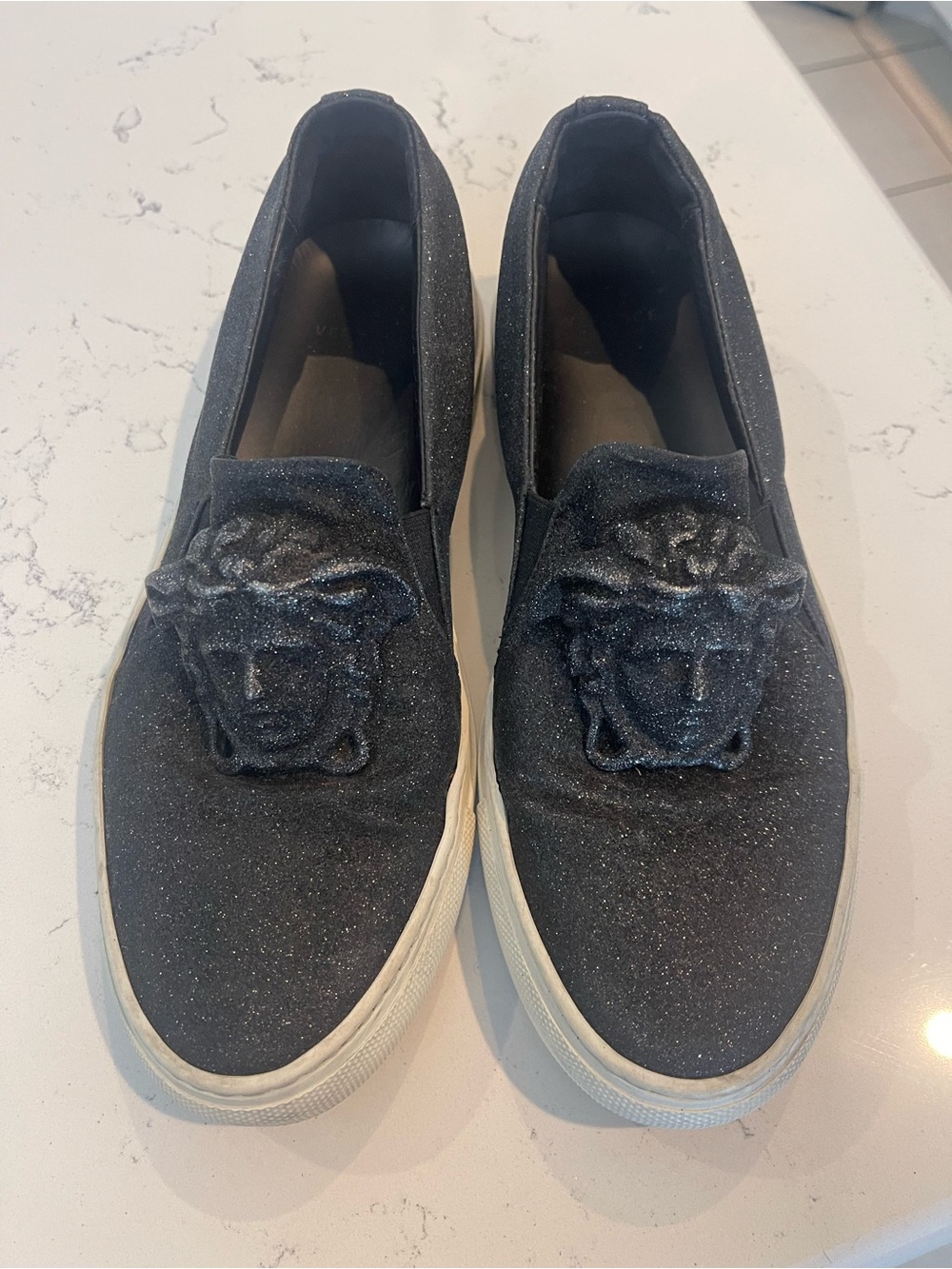 Versace Glitter Slip-On Sneakers with Embellished Medallion 5.5